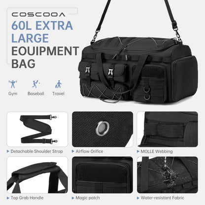 COSCOOA Tactical Gym Bags for Men, Carry On Luggage 22x14x9 Airline Approved, 3 in 1 Duffle Bag with Shoe Compartment,Travel Backpack Weekender Overnight Range Bag for Workout Football, Black