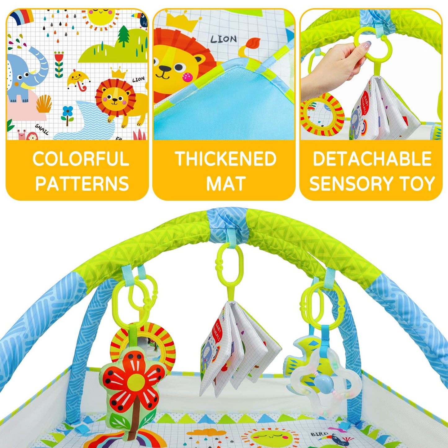 Dr.Rapeti Baby Play Mat, Activity Baby Play Gym with Arch, Playmats & Floor Gyms, Detachable Mirror, Soft Book and Balls Toys, Thick Non Toxic Playmats