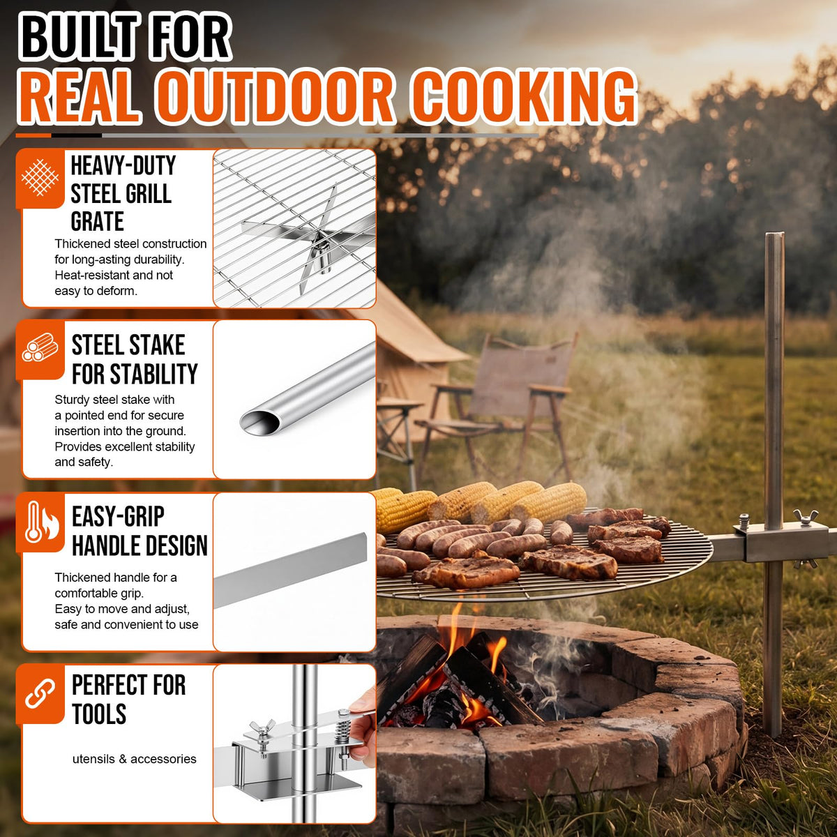 Ferrochef 24" Fire Pit Campfire Grill Grate, 24" Foldable Open Fire Cooking Grill Grate Portable Stainless Steel Camping Cooking Barbecue Rack Heavy-duty, Easy Setup & Adjustable Height for Outdoor