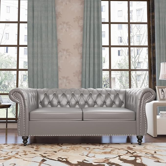 Mid-Century 2 Seater Sofa, Faux Leather Loveseat