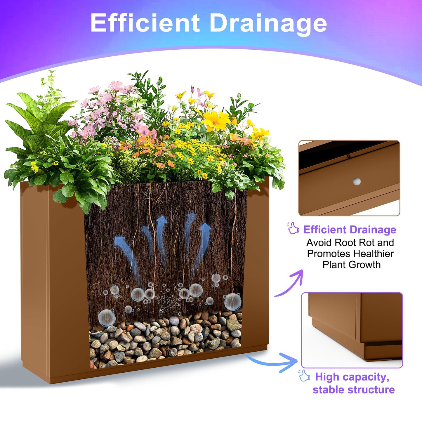 Tall Metal Planter, 15" W×16.3" H Large Rectangular Planter Box for Outdoor or Indoor, All-Weather Durable Plant Box with Drainage Holes & Removable Shelf for Patio, Porch, Garden, Trees, Flowers