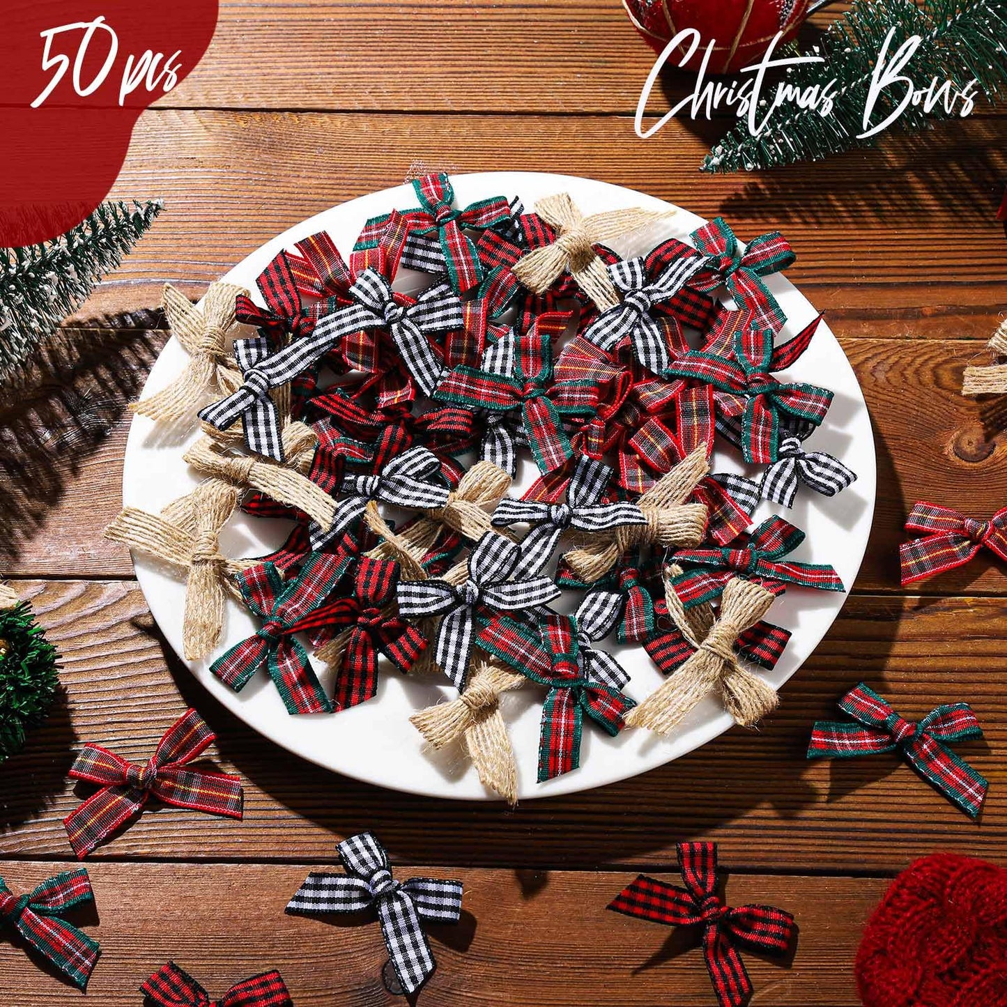 YGDZ Mini Christmas Bows, 50PCS Burlap Bow Buffalo Plaid Bows for Craft, Small Bows for Christmas Tree Decor, Tiny Ribbon Bows for Gift Wrapping