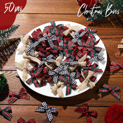YGDZ Mini Christmas Bows, 50PCS Burlap Bow Buffalo Plaid Bows for Craft, Small Bows for Christmas Tree Decor, Tiny Ribbon Bows for Gift Wrapping