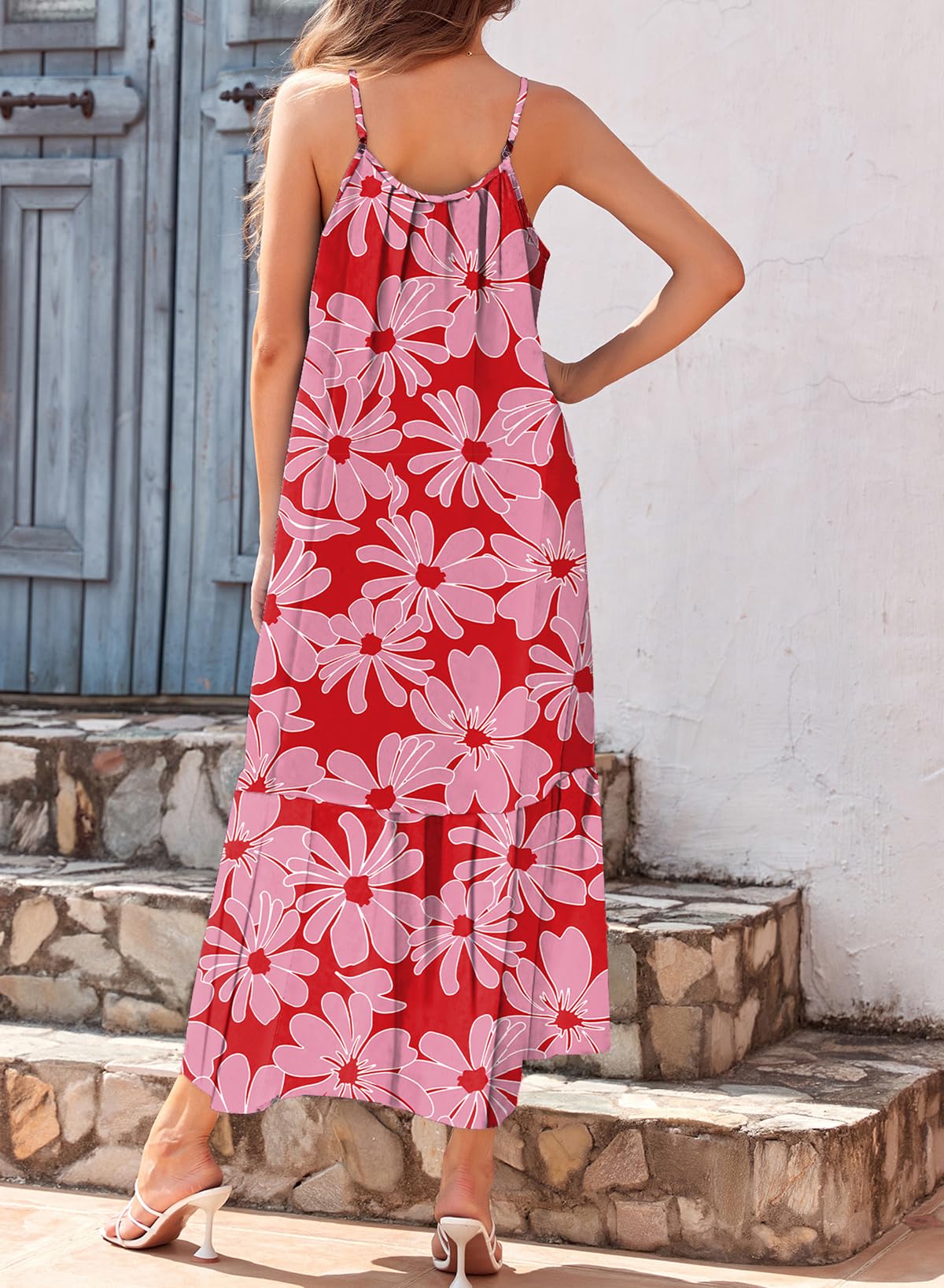 Dokotoo Women Summer Dresses 2025 Spaghetti Strap Scoop Neck Smocked Ruffle Flowy Boho Maxi Dress