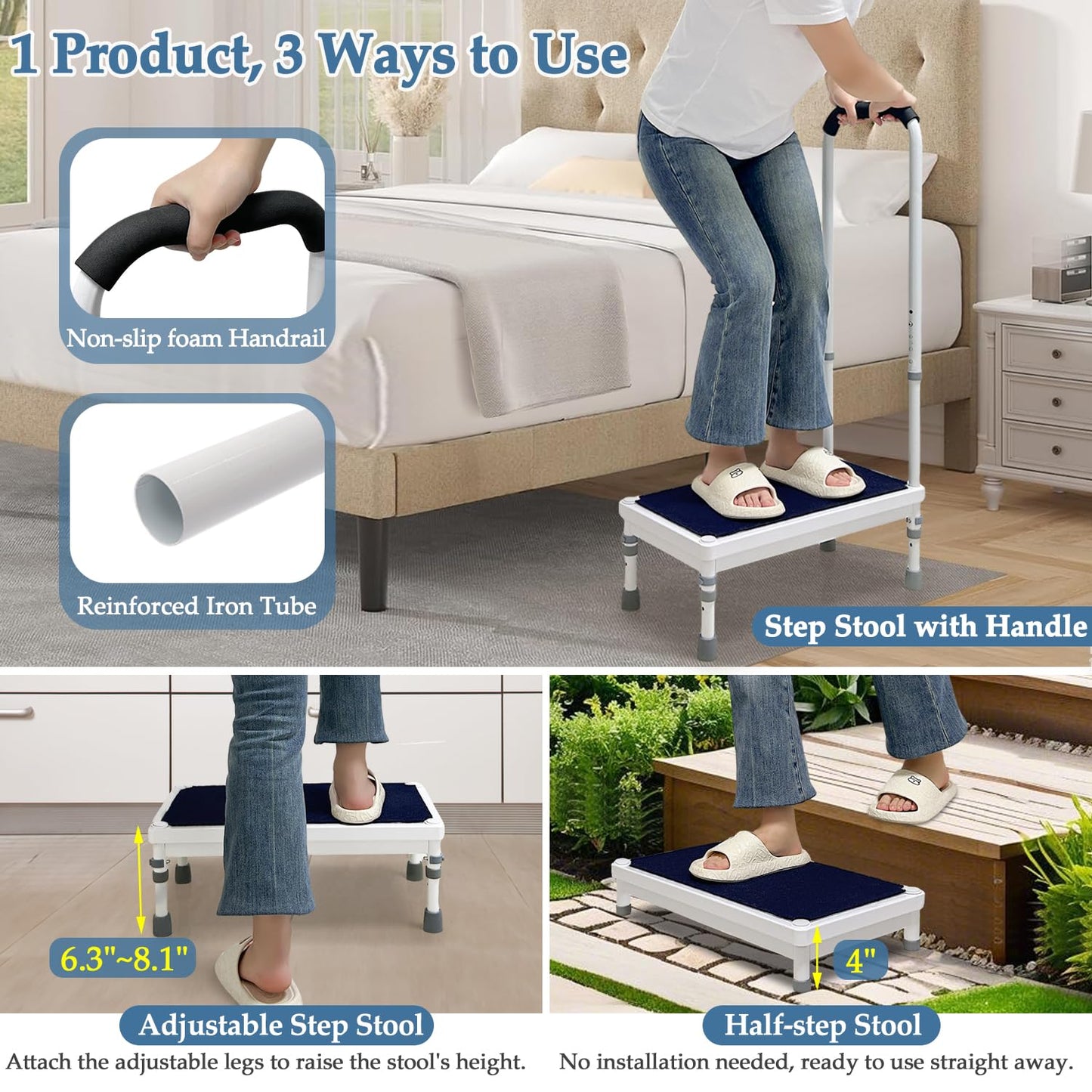 Bedside Step Stool with Handle for High Beds, 400lb Heavy Duty Bed Steps for Seniors & Adults, Non-Slip Wide Platform Medical Stepping Stool with Padded Handrail, SUV & Bathroom Assist (21.65-Stool)