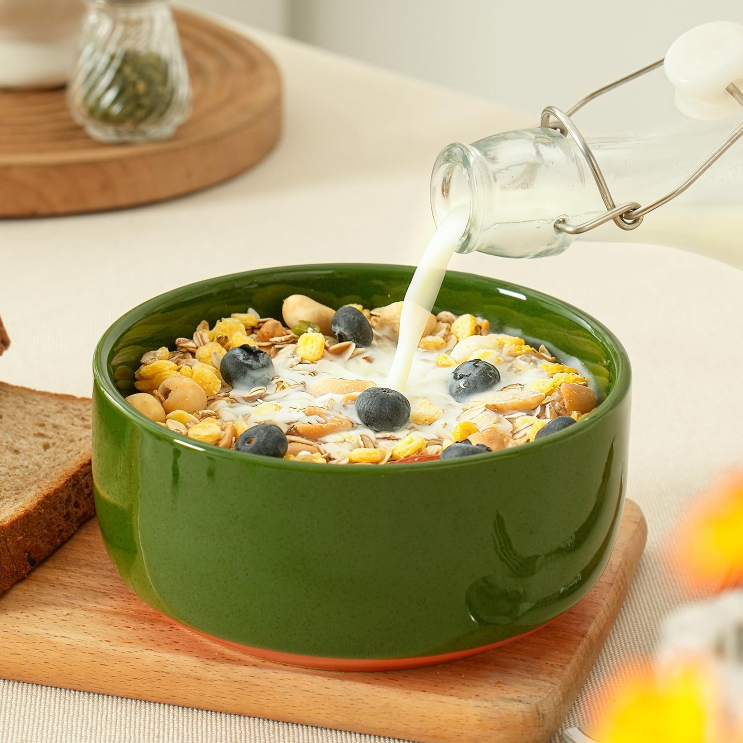 Ruxmirae Stoneware Cereal and Soup Bowls Set of 4, 6-Inch Dual Glaze Ceramic Bowls for Breakfast & Oatmeal, Microwave and Dishwasher Safe, Forest Glaze Green