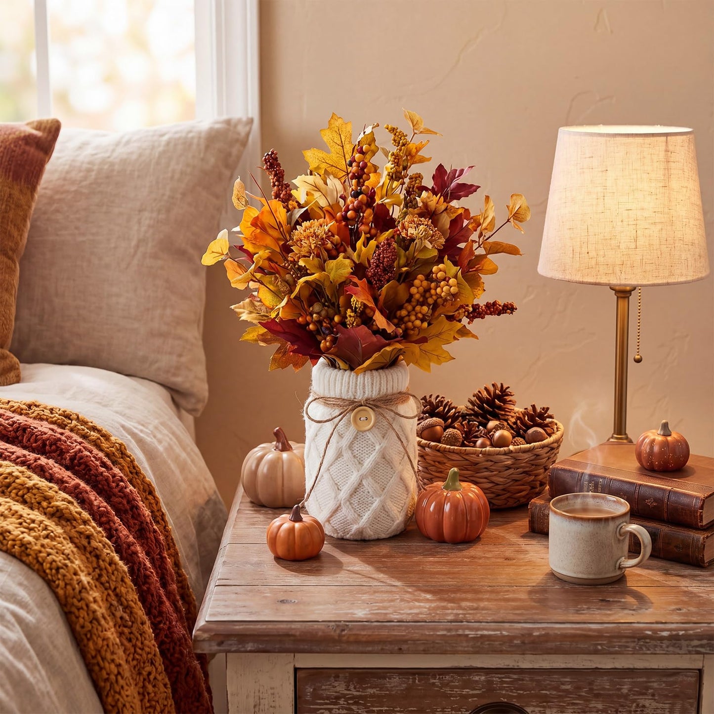 Newtay Fall Table Centerpiece 2 Pieces Mason Jar Vase with White Sweater Cove 17 oz Glass Flower Vase Rustic Autumn Farmhouse Table Decoration with Knit Bow and Button, Cozy Home Decoration