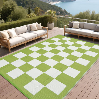 Garvee Outdoor Plastic Straw Rug 9x18 Waterproof UV Resistant Patio Camping Rug Modern Checkered Large Foldable Floor Mat for Camping, Picnic, Backyard, RV, Beach, Picnic, Deck, Green/White