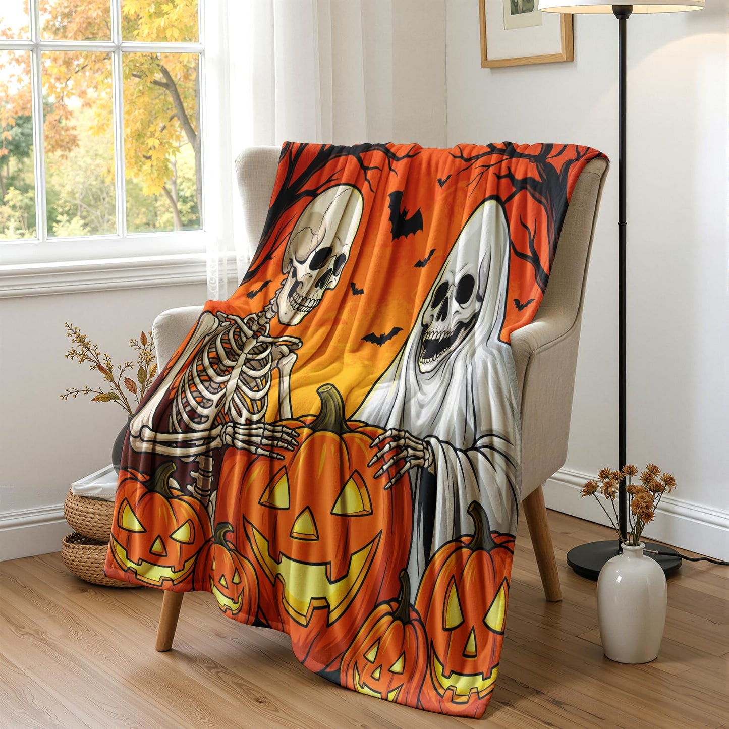 GEDAEUBA Halloween Throw Blanket for Bed - Spooky Ghost Skeleton Pumpkin Bat Fleece Blanket Throw, Soft Cozy Blankets & Throws for Couch, Bed, and Sofa, 50x60 inches