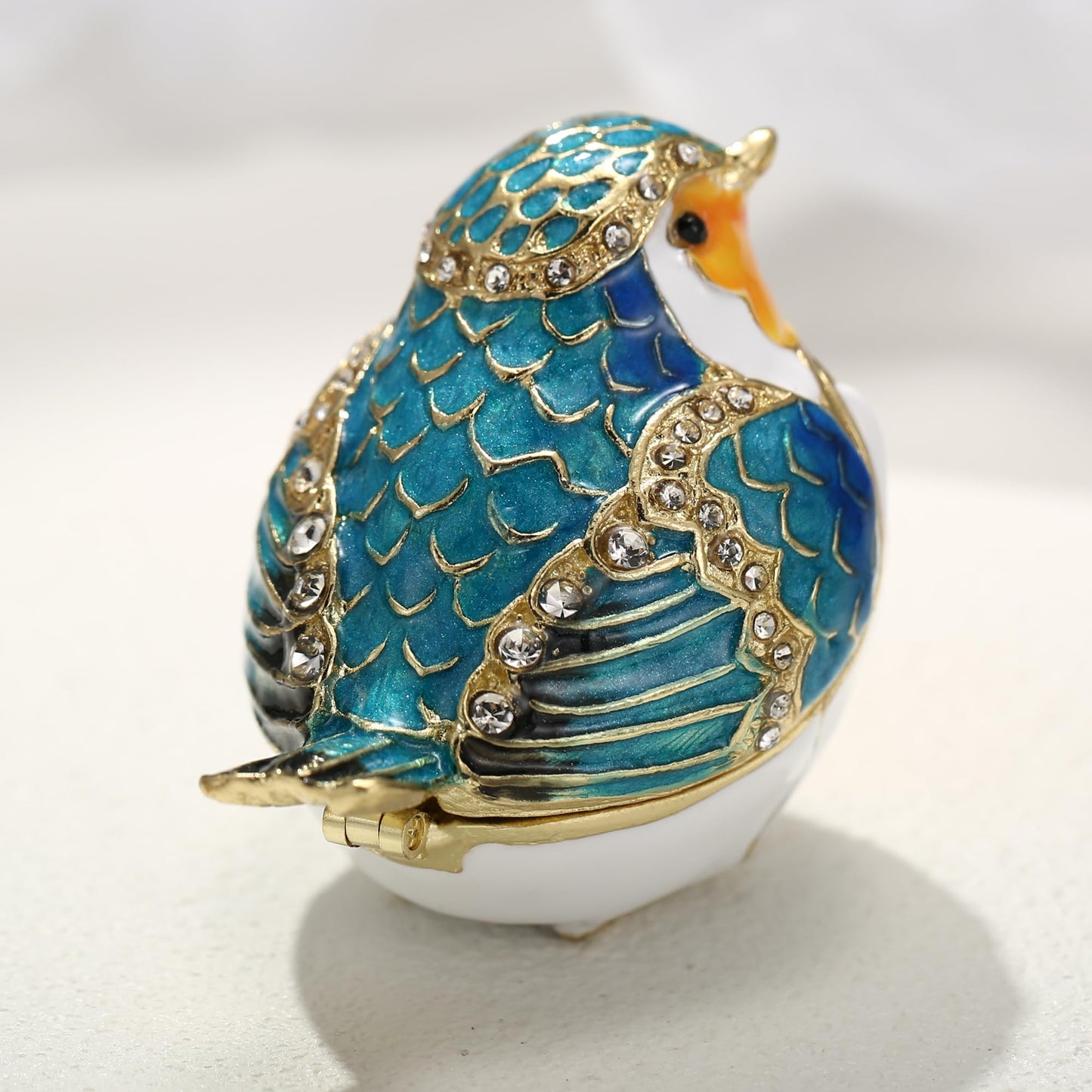 Vie jeune Hand Painted Enamel Robin Bird Trinket Box, Hinged Unique Mini Ring Necklace Jewelry Organizer, Classical Bejeweled Storage, Figurine Collectible Keepsake Home Decor (Robin Bird)
