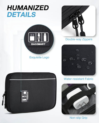 BAGSMART Electronics Travel Organizer Case, Tech Accessories Cord Storage Bag for Phone, Power Bank, SD Card, Cables, Black