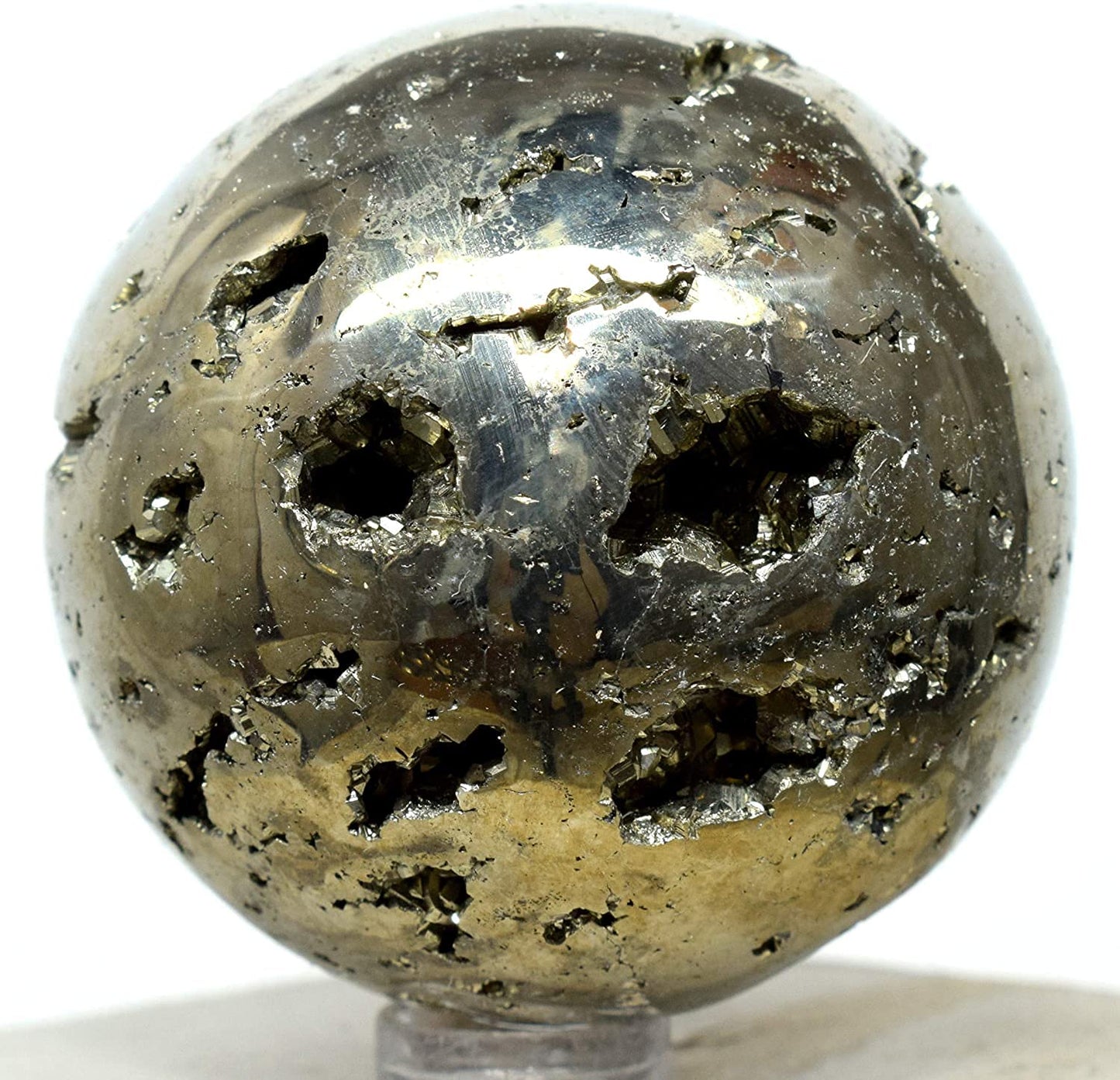 HQRP 46mm Golden Iron Pyrite Sphere Polished Natural Sparkling Gemstone Cubes Druzy Crystal Mineral Geode Cluster Ball - Peru + Stand (1PC)