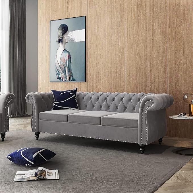 Mid-Century 3 Seater Sofa, Velvet Couch