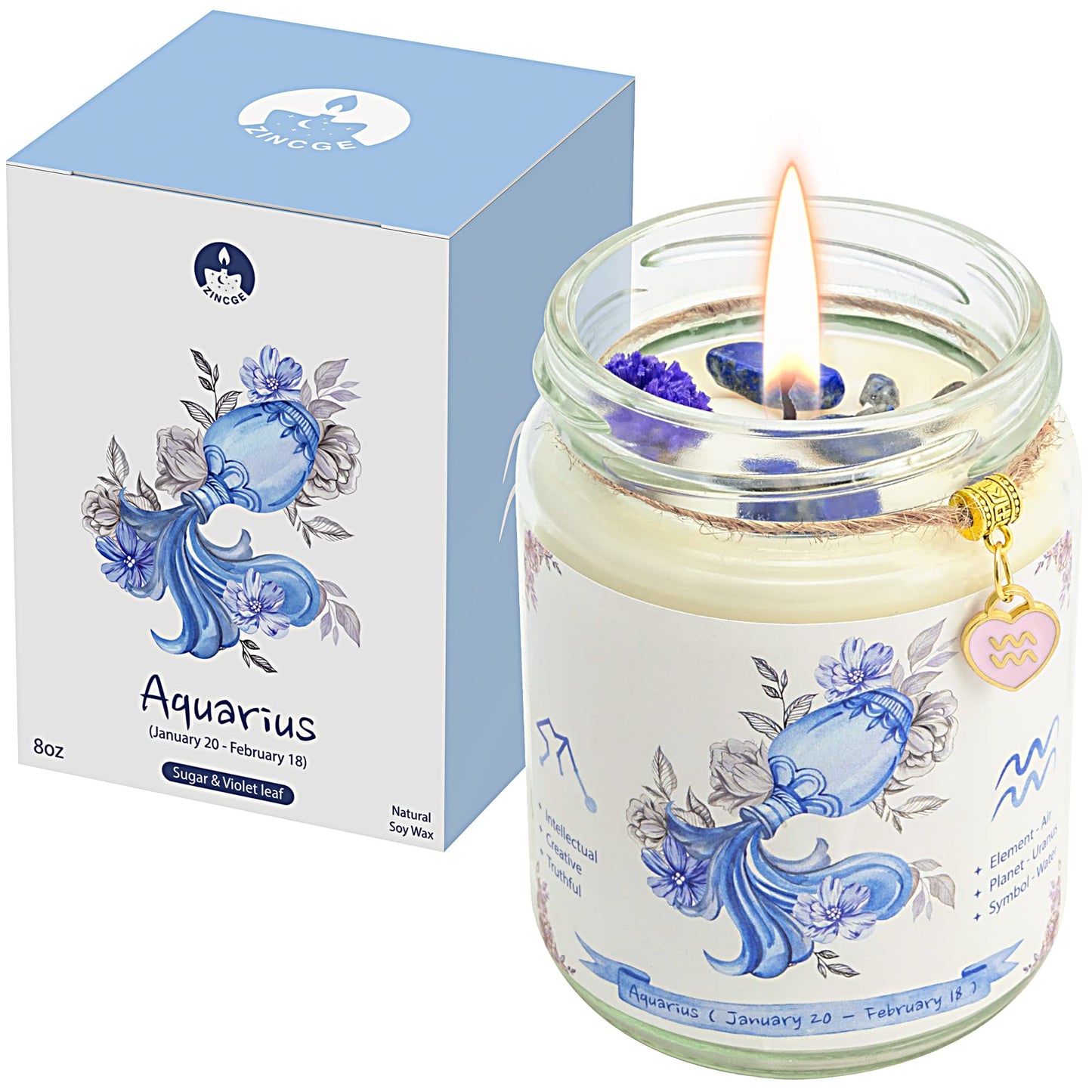 ZINCGE Aquarius Zodiac Crystal Candle Gift for Women - Astrology Birthday Natural Soy Violets Scented Candle With Flowers and Lazurite Healing Crystals for Mom, Sister, Friends