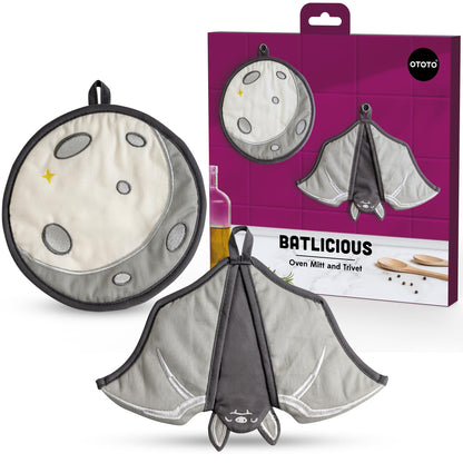 New - OTOTO Batlicious Oven Mitts and Pot Holders Sets - Heat Resistant Trivets for Hot Dishes, Cooking Goth Kitchen Decor, Cute Accessories, Pot Holders, Spooky Halloween Bat Moon Witchy Gifts