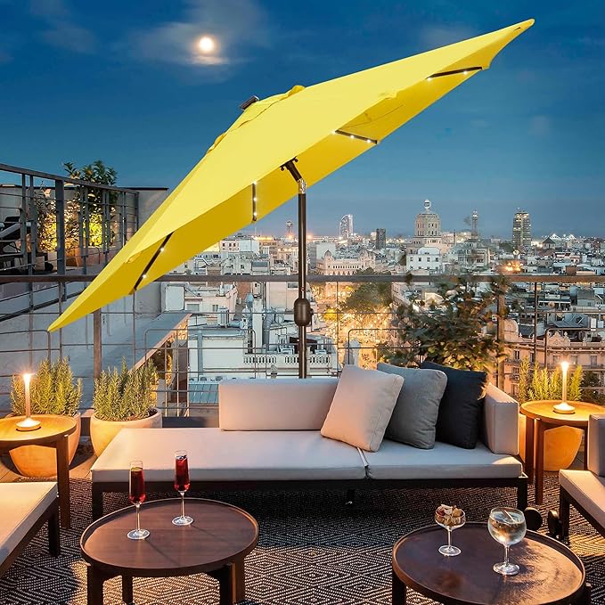 Blissun 9 ft Solar Umbrella, 32 LED Lighted Patio Umbrella, Table Market Umbrella, Outdoor Umbrella for Garden, Deck, Backyard, Pool and Beach (Yellow)