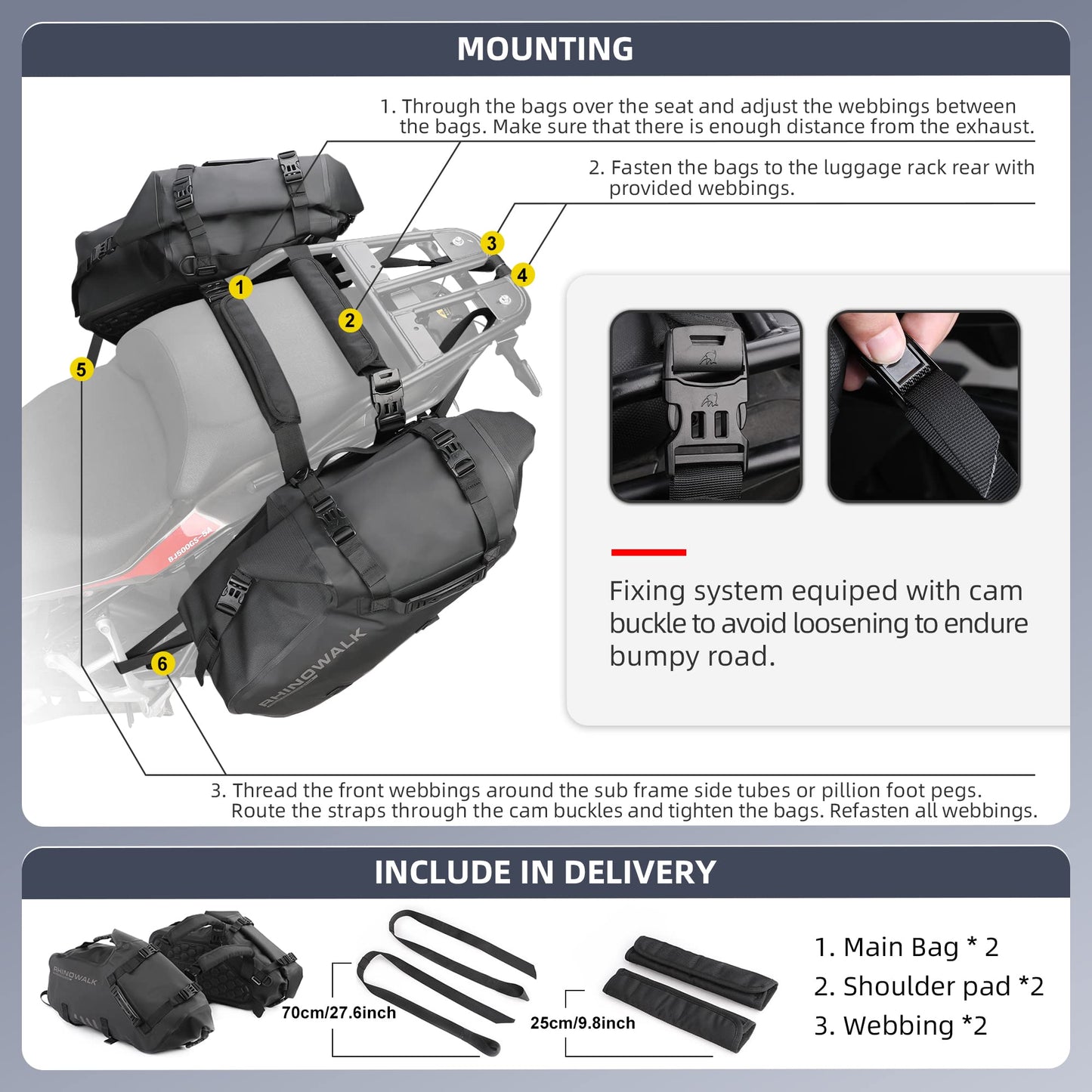 Rhinowalk Motorcycle Saddle Bags Waterproof Motorbike Panniers Tail Side Bag Motor Powersports Luggage for Most Motorcycles Adventure Travel Long Rides, 18L (9L*2), Black 1 Pair
