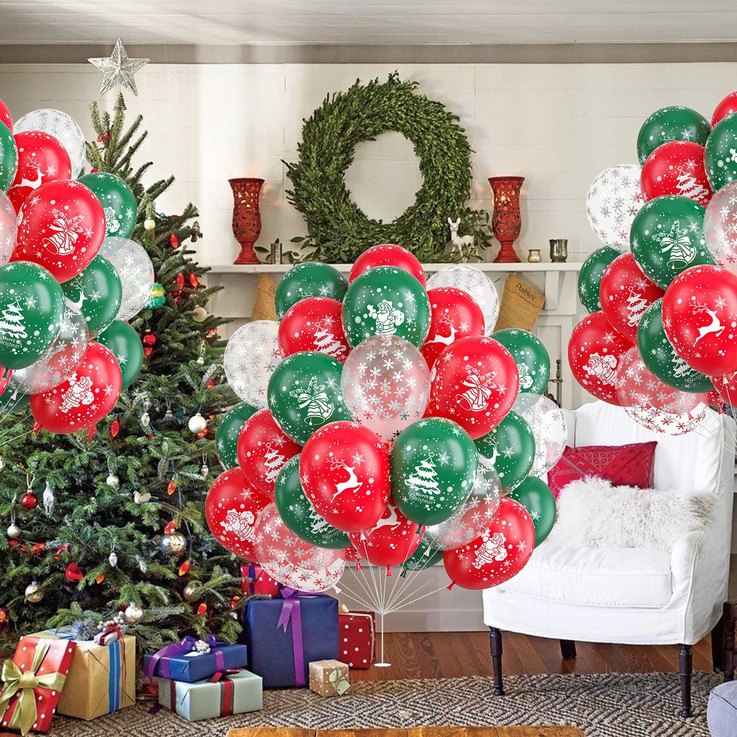 50pcs Red Green Latex Balloons with Christmas Bell Elk Tree Printing Snowflake Confetti for Christmas Party Decorations New Year Holiday Xmas Supplies