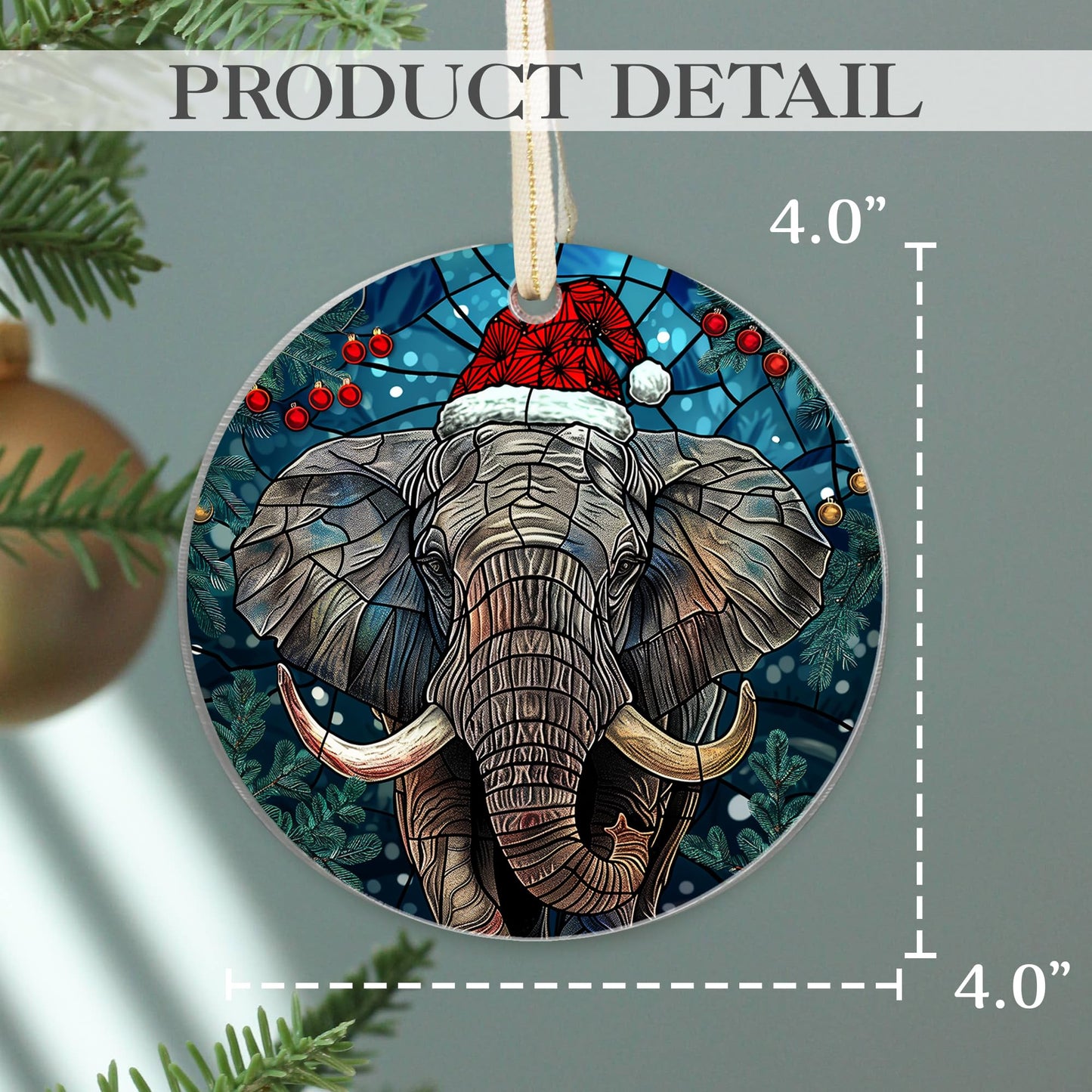 Fastpeace Elephant with Santa Hat Christmas Ornament - Stained Glass Style - Perfect Hanging Decoration for Tree - Gift for Family, Friends (Acrylic)