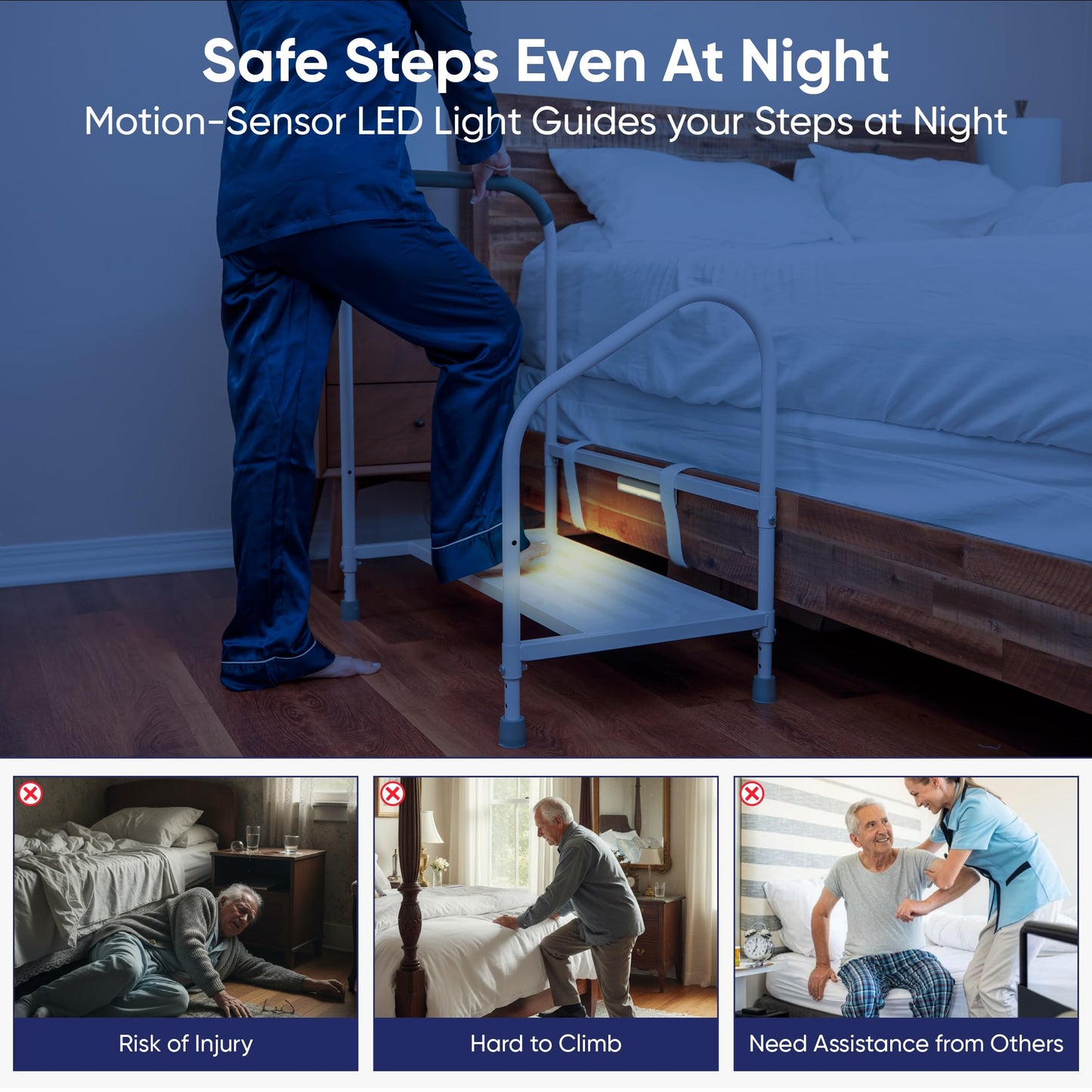 step2bed Bed Step Stool for Adults – Adjustable Bedside Platform with Safety Handle, Motion Sensor Light & Wide Base, Bedside Steps for Beds and Seniors
