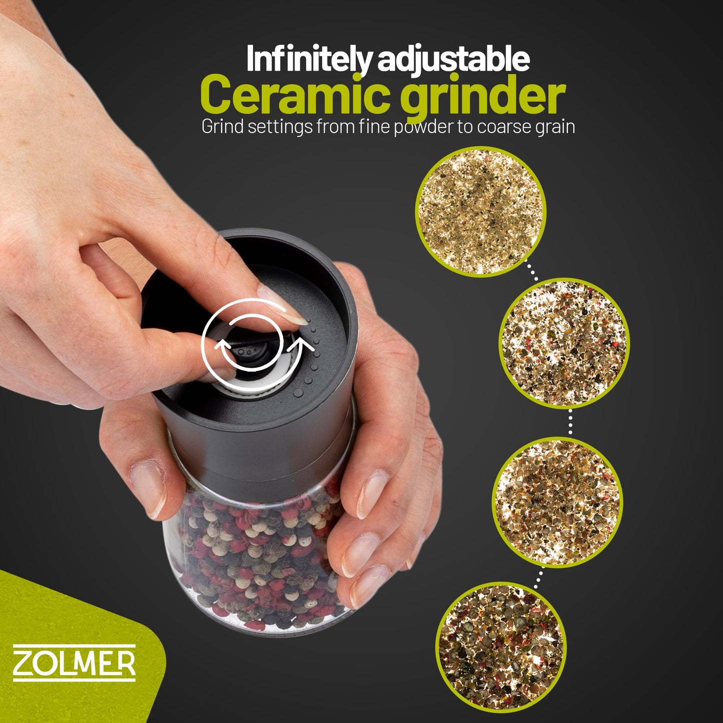 ZOLMER® Premium Stainless Steel Salt and Pepper Grinder Set manual | Adjustable Ceramic Grinder for Salt & Pepper- Black Pepper mill, Salt Grinder & Chili Mill [no spice included] (Small Black)