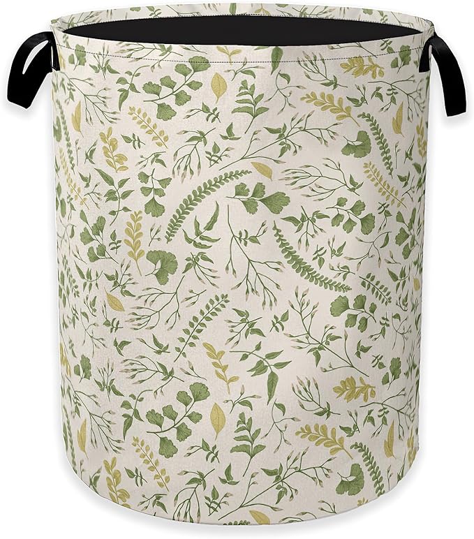 Green Herb Leaves Laundry Hamper, Rustic Wildflower Collapsible Laundry Baskets