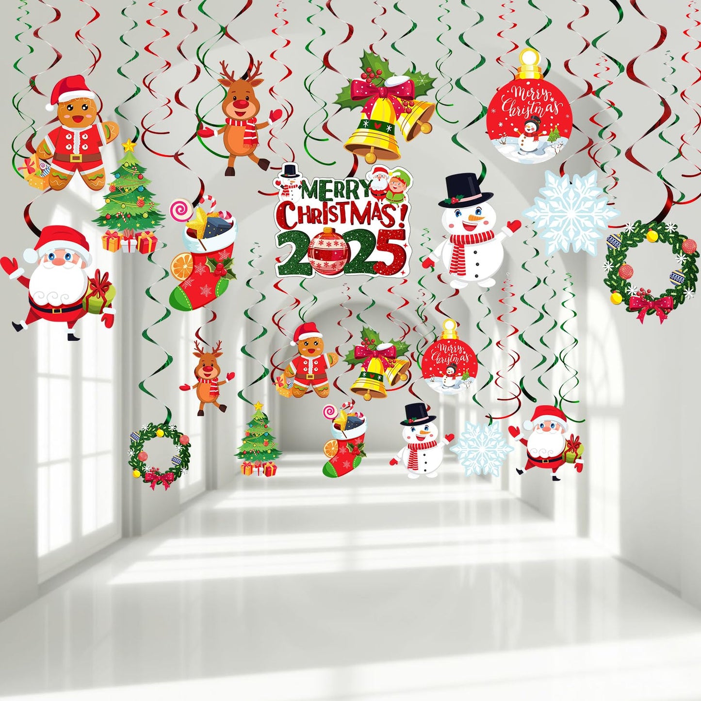 30 Pcs Christmas Hanging Foil Swirl Decorations Set Xmas Holiday Snowman Elk Sign Hanging Swirls Ceiling Decorations for Indoor Outdoor Xmas Holiday Party Supplies (Snowman Elk)