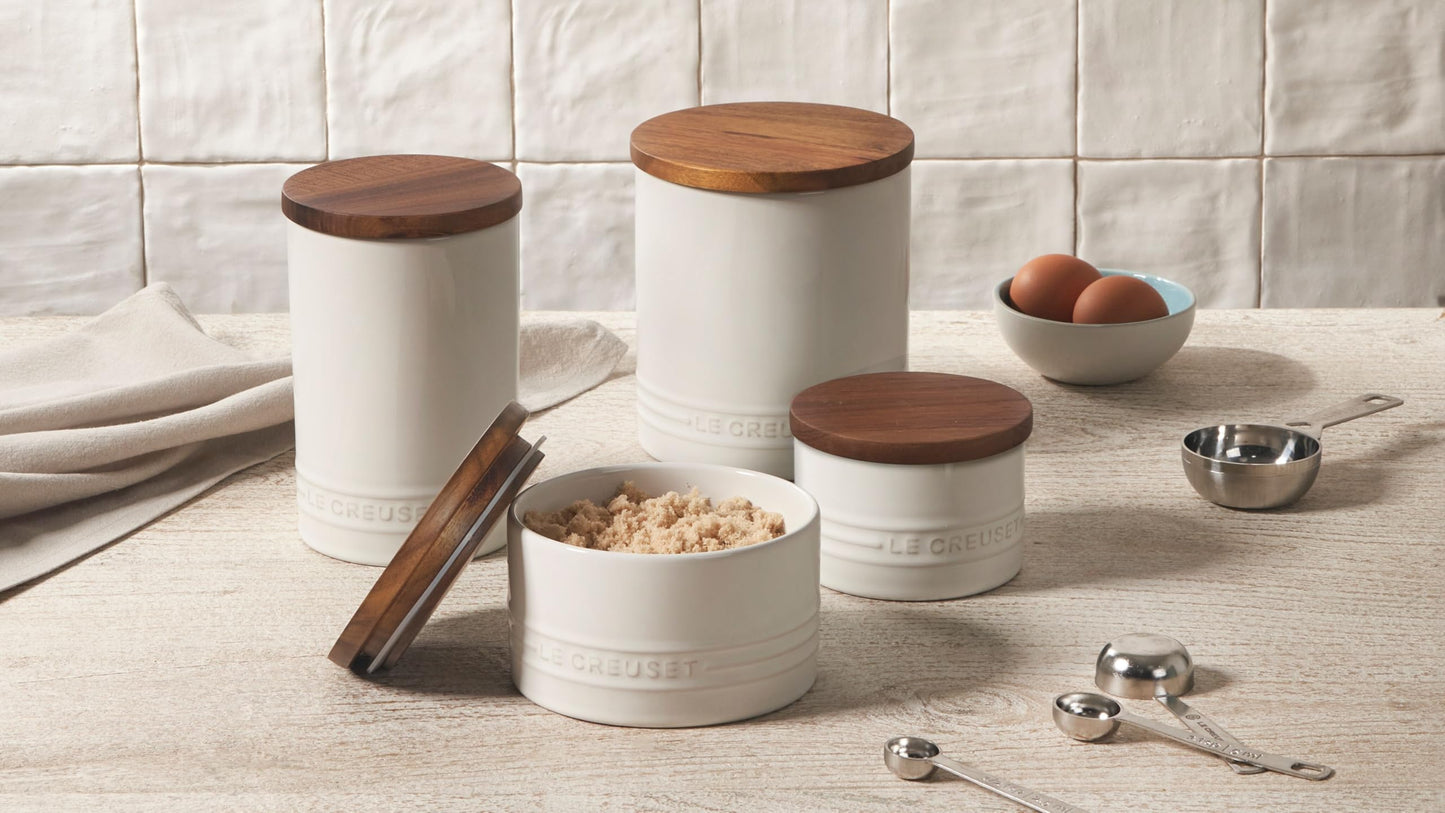 Le Creuset Stoneware Signature Small Salt Cellar and Storage Canister with Wood Lid, 7 oz., Marseille