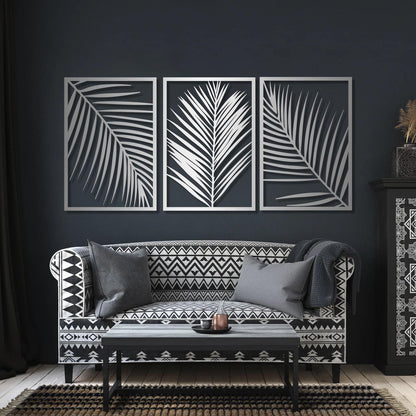 Gasijet Metal Palm Leaves Wall Decor, Metal Leaves Wall Decor, Palm Leaf Art, Line Art Nature Plant Wall Art, Set of 3, Wall Decorations for Living Room, Bedroom (White, 39 x 19 in / 96 x 47cm)