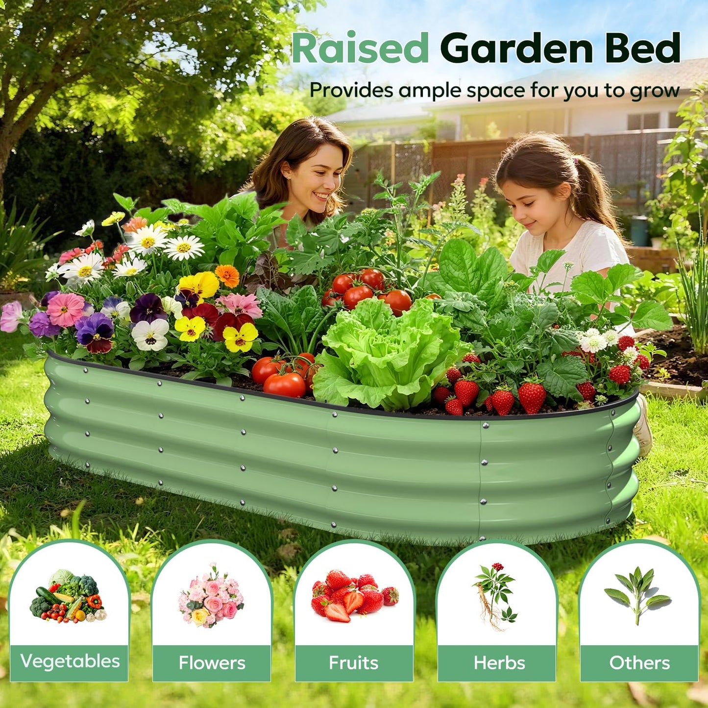 Yumatum Raised Garden Bed 6×3×1 FT, Galvanized Raised Planter Box, Oval Vegetable Planting Container with Safety Edge Trim, Fruit Green for Backyard Fence Line Side Yard Family Gardening