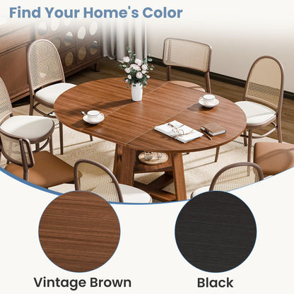 HAPPYMONT Extendable Round Dining Table for 4-8, Space Saving Kitchen Wooden Table with Storage Shelf and Sturdy Base for Kitchen, Dining, Living Room, Brown