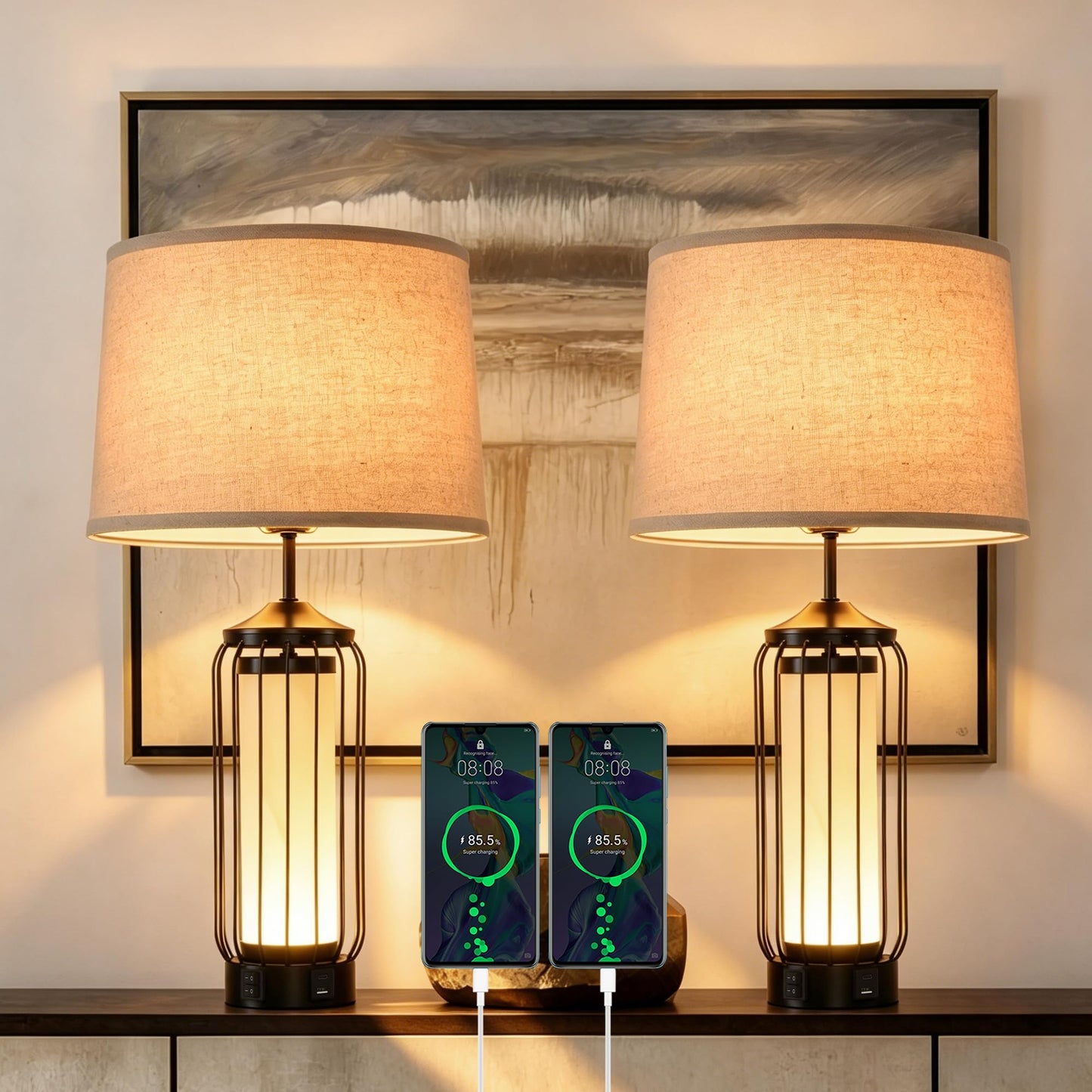 WELAISA-2 Pack Farmhouse Table Lamps for Living Room, Rustic Nightstand Lamp for Bedroom with USB A+C Charging Ports, Frosted Glass Bedside Lamp with Night Light for Entryway End Table