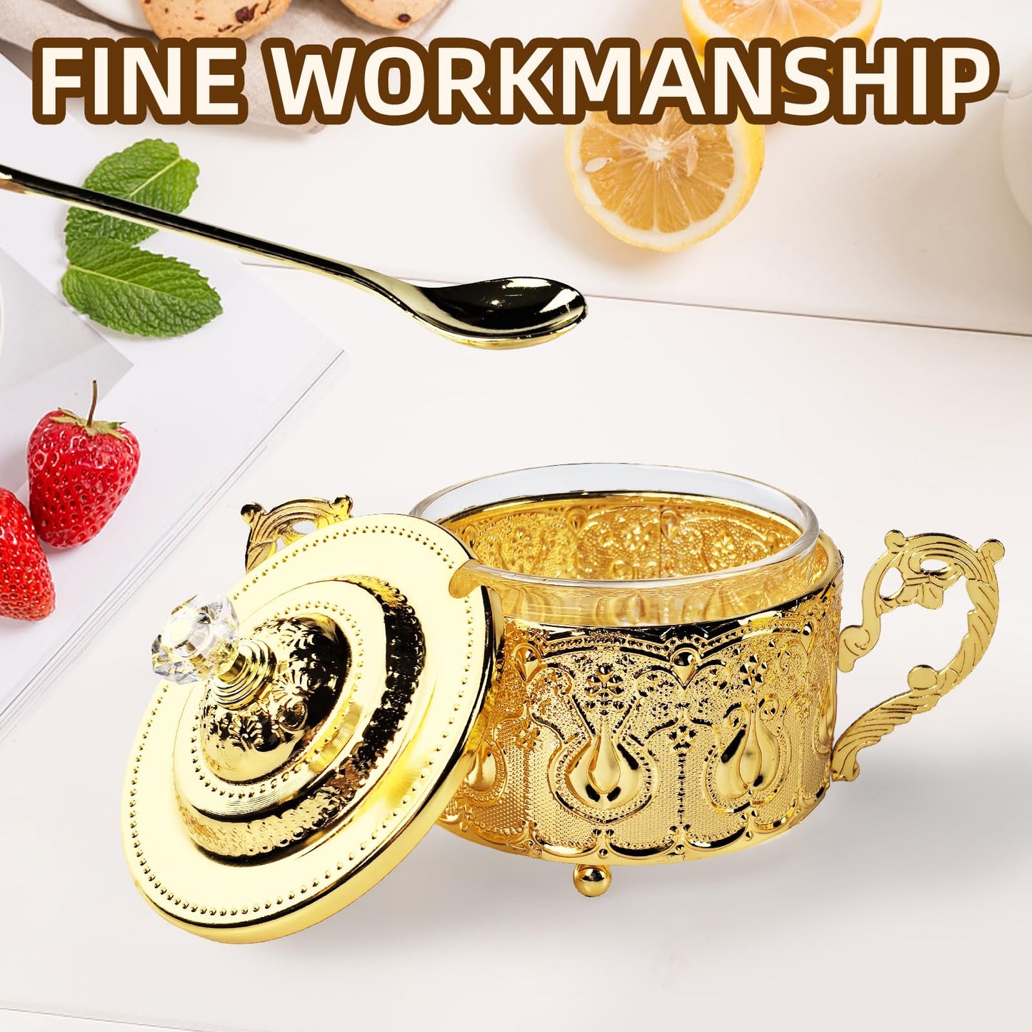 Flylin Sugar Bowl, Turkish Sugar Bowl with Lid and Spoon for Candy Cookie Honey, Golden Vintage Glass Seasoning Jar for Home and Kitchen Coffee Bar (6)