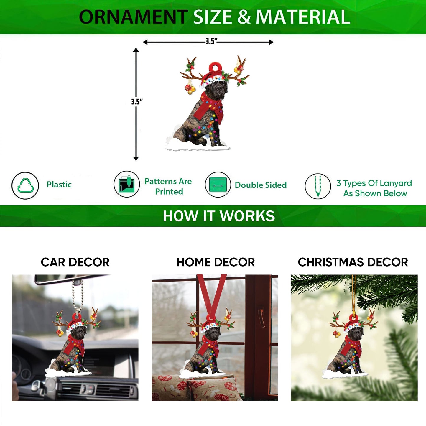 Talataca Brindle English Mastiff Christmas Hat Reindeer With String Light 2D Flat Car Rear View Mirror Accessories Christmas Tree Ornament Decoration Hanging Charm Interior Rearview Pendant Decor Gift