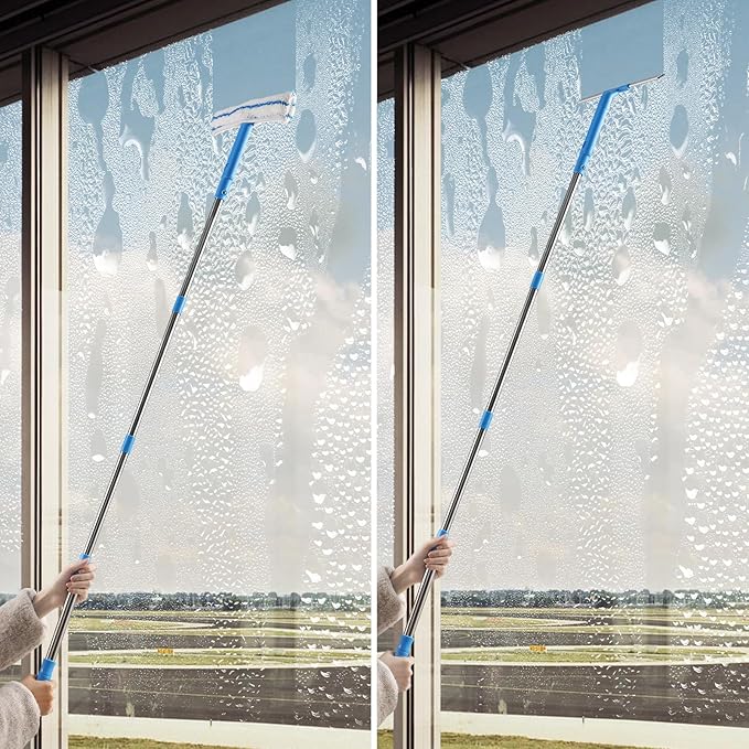Window Cleaner with Long Handle, Glass Cleaning Tools with Silicone Squeegee &