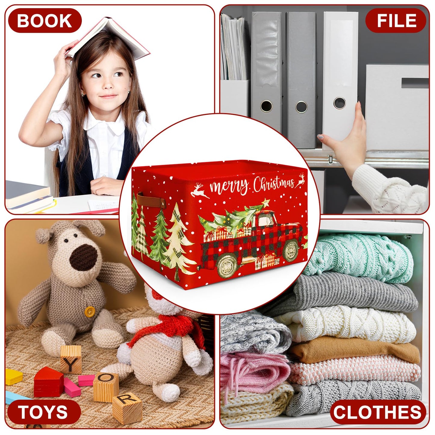 FYSUIMU Christmas Storage Basket with Handles Plaid Truck Xmas Tree Cube Storage Bin Foldable Fabric Container Organizer Box for Home Office Dorm Closet Shelf Toy