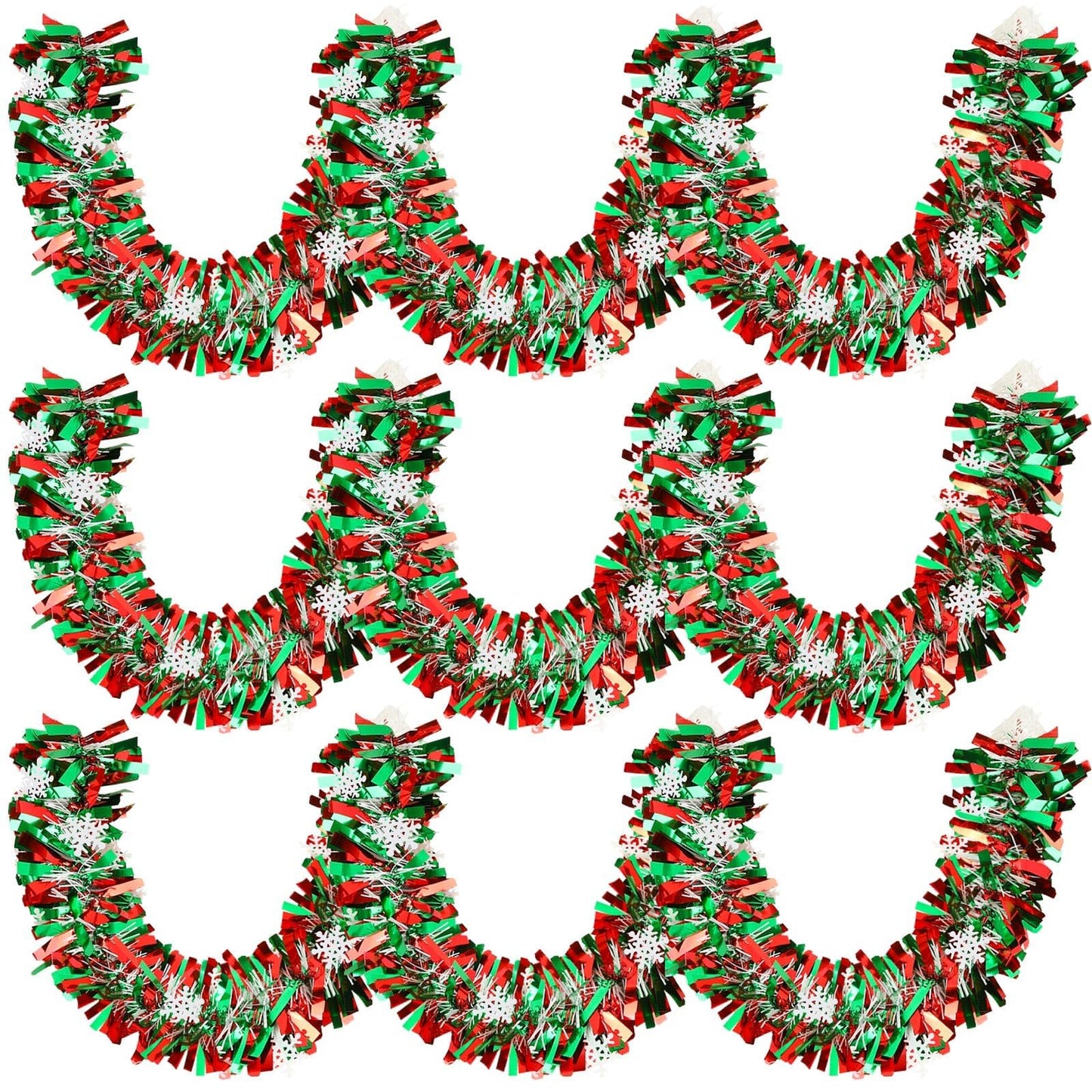 MARFOREVER Christmas Snowflake Tinsel Garland, Red Green Snowflake Metallic Twist Garlands for Winter Wonderland Christmas Tree Holiday Party Indoor Outdoor Home Wall Decoration, 3 Pcs 19.7 FT