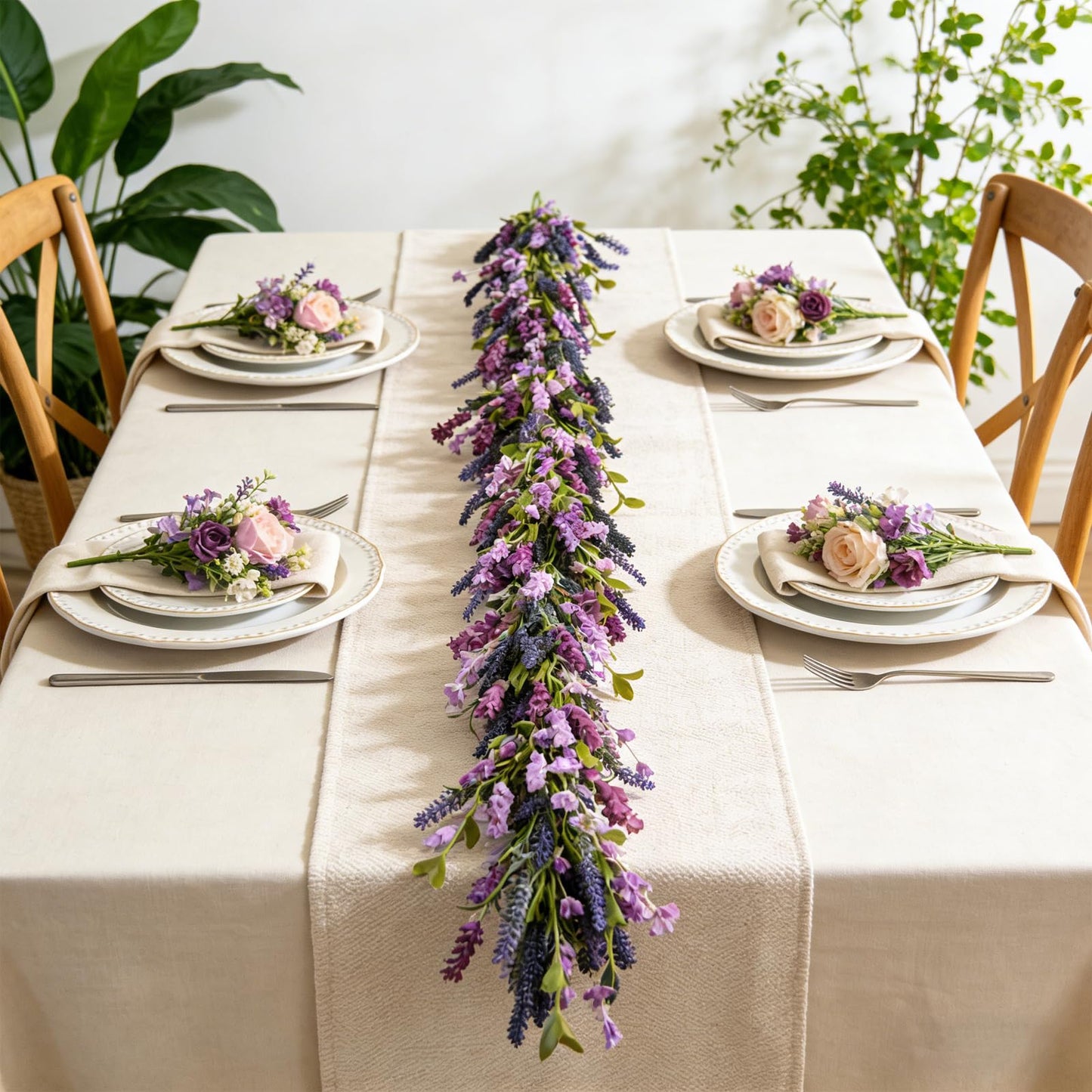 Egolot Purple Lavender Flower Garland for Mantle & Fireplace, 70Inch Spring Summer Garland for Front Door Wedding Decor, Rustic Farmhouse Indoor Outdoor Swag
