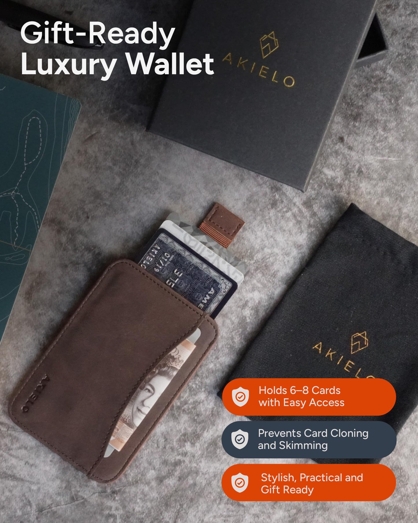 AKIELO RFID Blocking Card Holder and Gift Box – Compact and Slim Wallet – Minimalist Card Wallet (Charlie - Dark Mocha Edition)