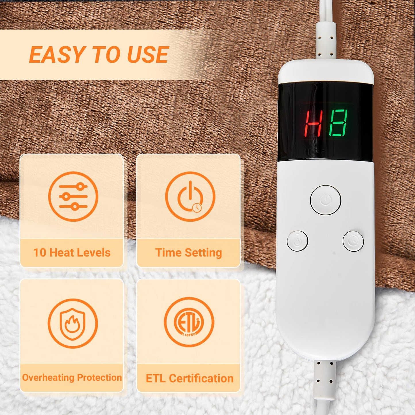 Electric Blanket Heated Throw, Soft Flannel Heating Blanket with 8 Hours Auto Off 10 Fast Heating Levels Machine Washable Sherpa Heated Blanket with Overheating Protection