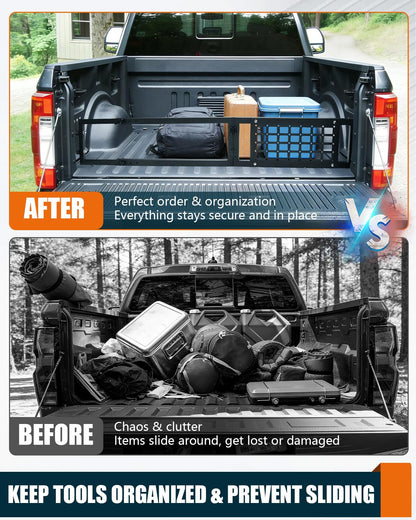 NORTHYUN Adjustable Truck Bed Divider 47–67 in, Foldable Aluminum Cargo Organizer with MOLLE Panel No-Drill Installation Fits Most Pickup Beds