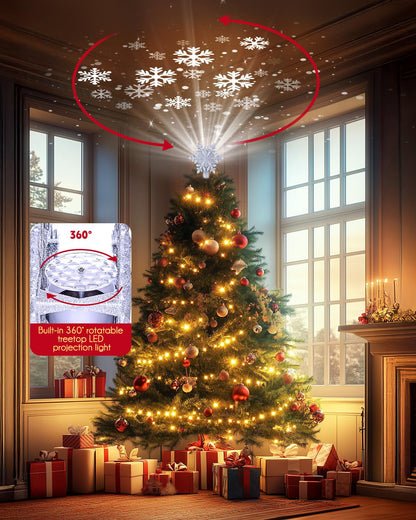 Christmas Tree Topper Lighted with Built-in Led Rotating Snowflake Projector Lights, 9.6” Hollowed Tree Topper with Silver Spangles Plug In for Indoor Home Xmas New Year Party Holiday Night Tree Decor