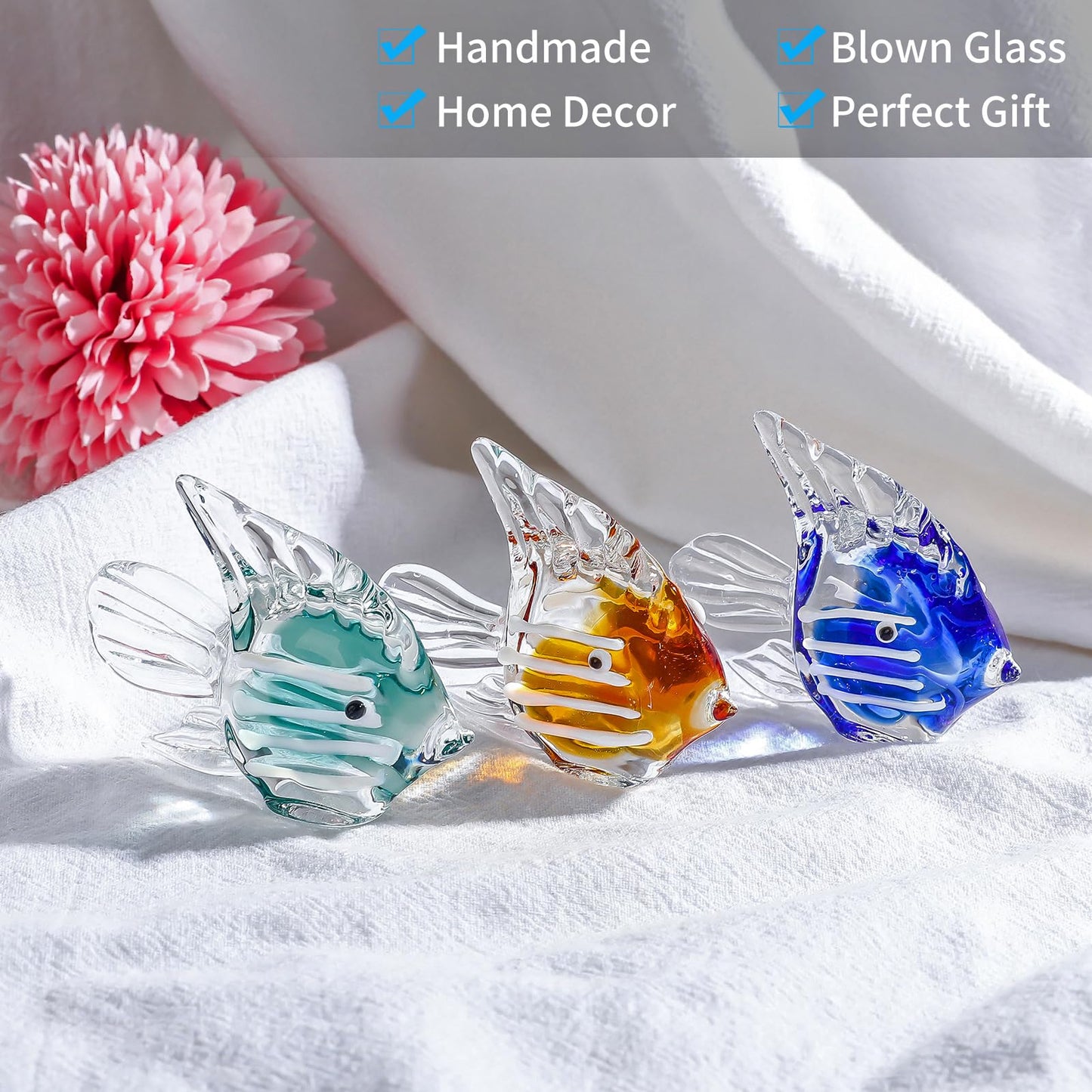 LONGWIN Miniature Blown Glass Fish Figurines Collectible Decor for Home, Handcrafted Glass Sea Animal Sculpture, Set of 3
