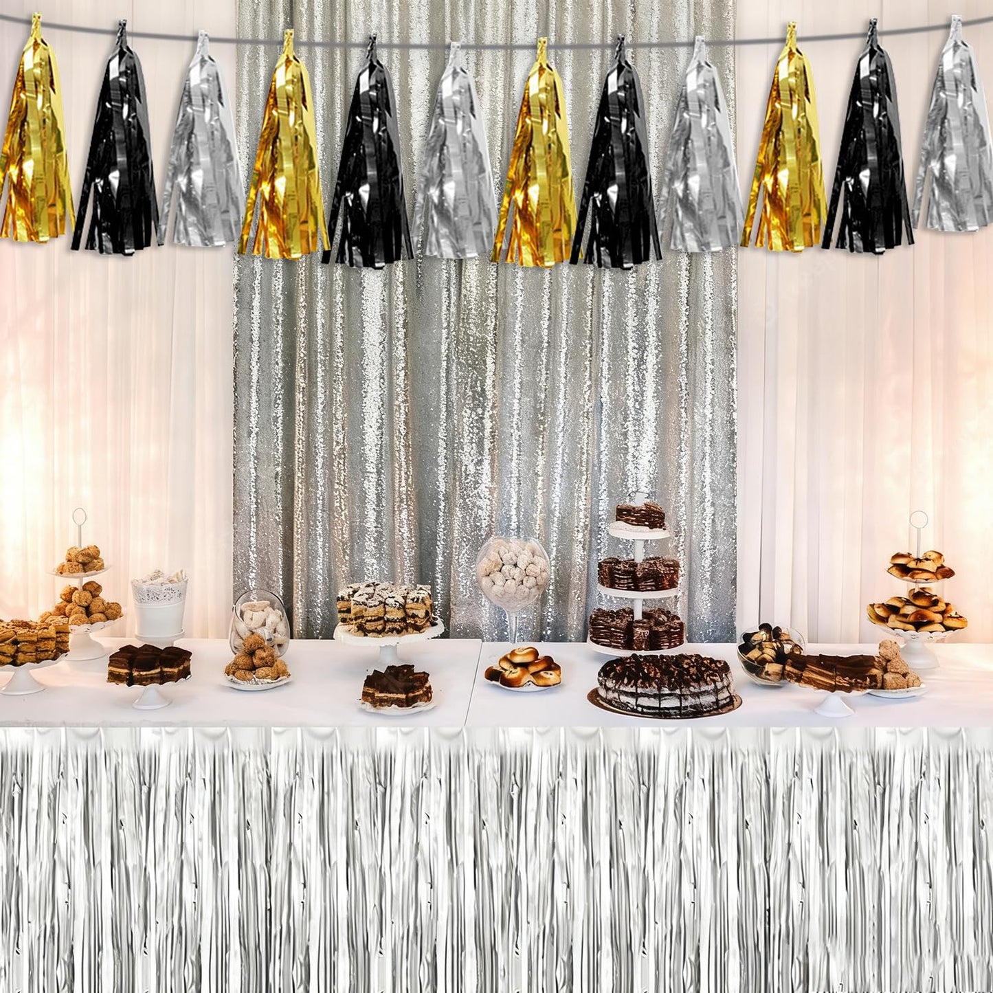 4P Black Gold Silver Tassel Banner Garland Metallic Foil Fringe Banner Tinsel Tassels Streamer Banner Backdrop for Parade Floats, 2025 Graduation Decorations, New Years Decorations,Father' Day