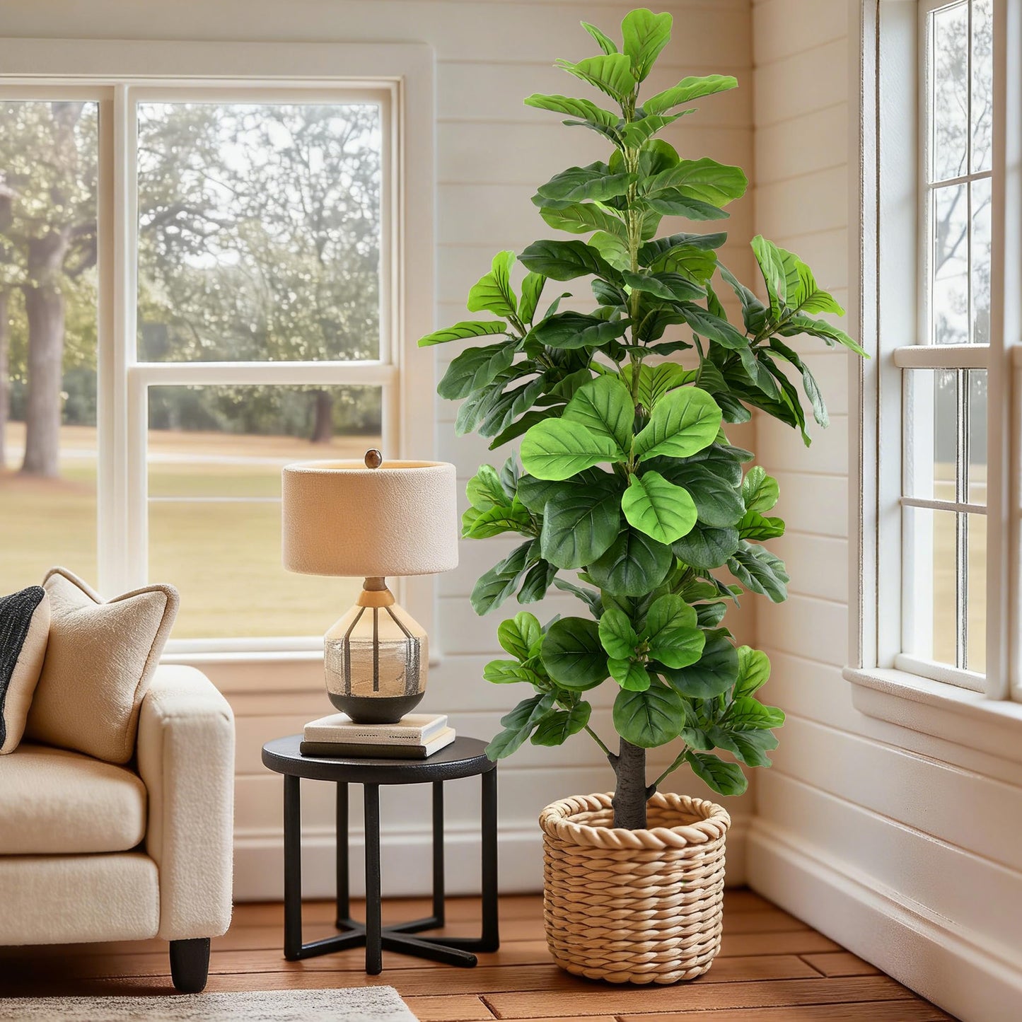 Artificial Fiddle Leaf Fig Tree 6ft - Tall Faux Ficus Lyrata Plant with Realistic Leaves and Large Trunk, 72" Fake Fig Tree in Pot for Home Living Room Office Porch Indoor Decor Perfect Housewarming