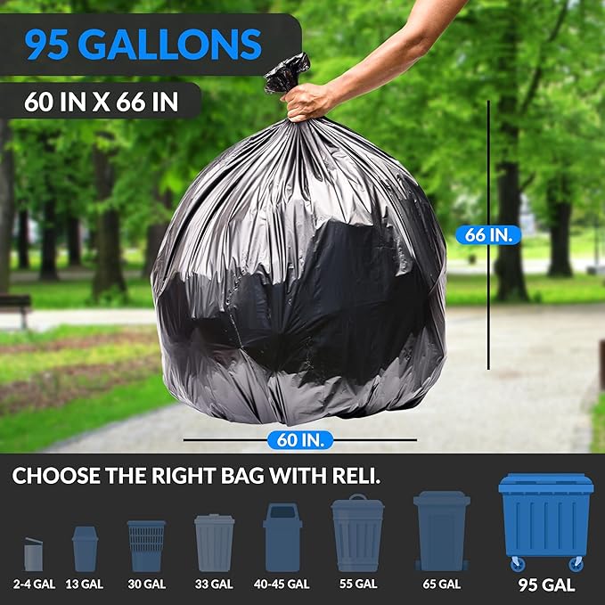 Reli. 95 Gallon Trash Bags Heavy Duty | 68 Trash Bags | Super Sizeable