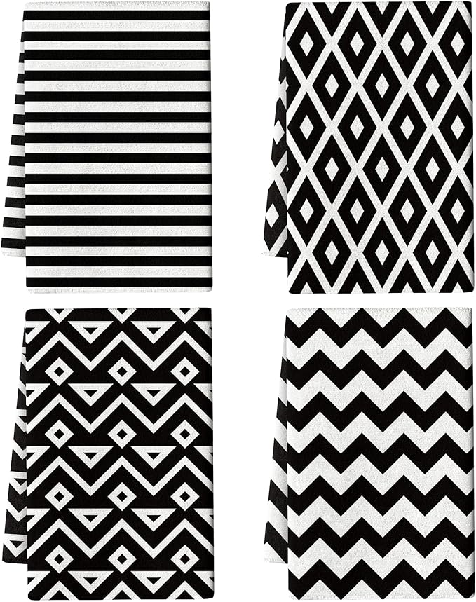 White Black Kitchen Towels Decorative Set of 4, Soft Absorbent Abstract Modern