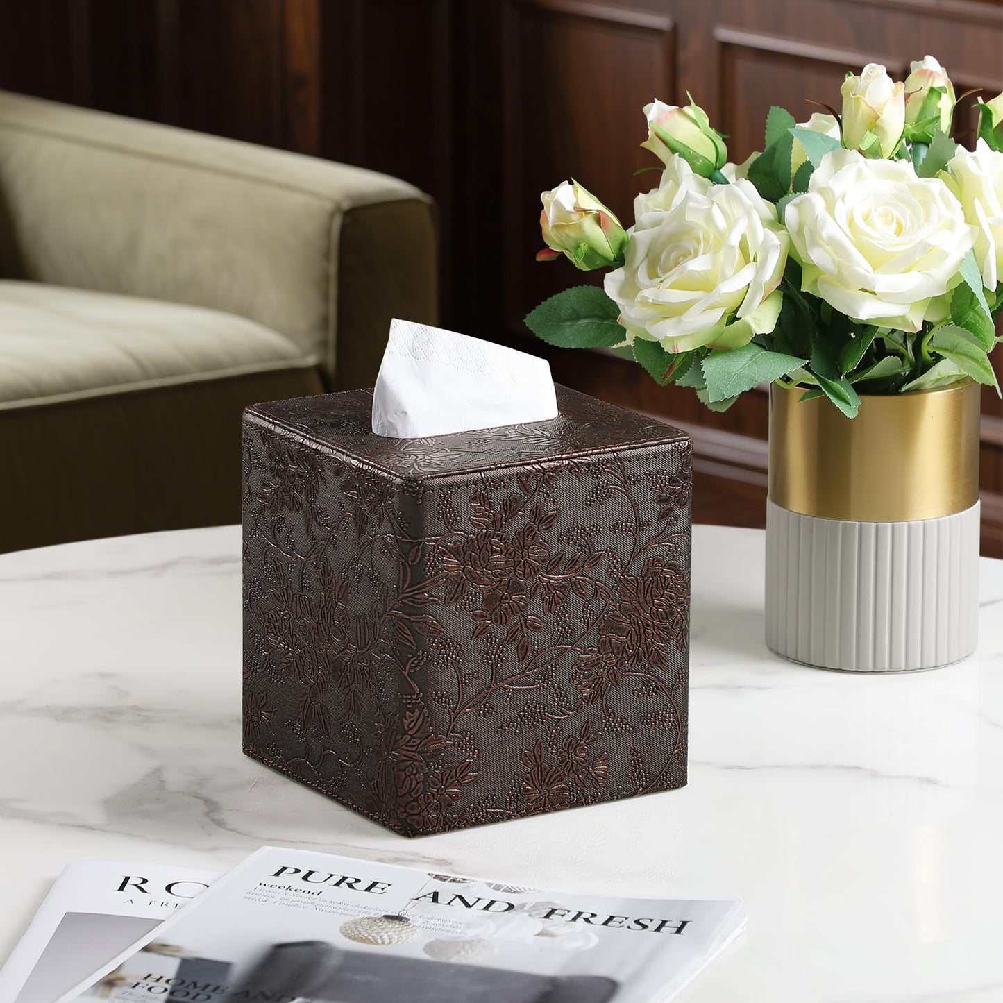 Square Tissue Box Cover, Stylish Leather Tissue Box Holder with Magnetic Bottom, Used As A Decorative Tissue Holder for Living Rooms, Bedrooms, and Desks (Brown Grape Pattern)