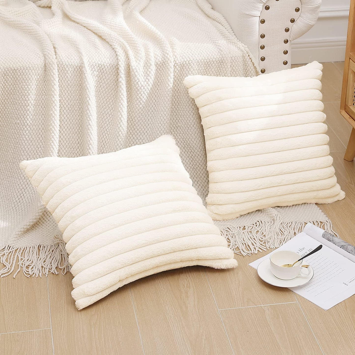 Pallene Faux Fur Plush Christmas Throw Pillow Covers 18x18 Set of 2, Luxury Soft Fluffy Striped Decorative Pillow Covers for Sofa, Couch, Living Room, Cream White