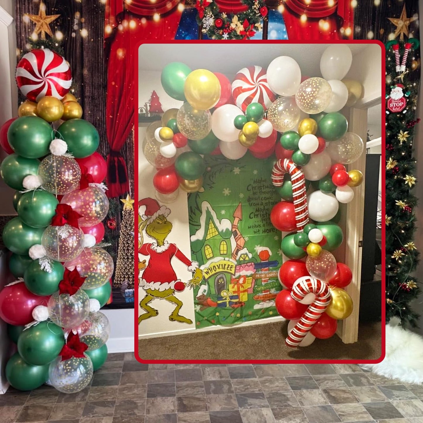 Christmas Balloon Garland Arch Kit, Red Green White Gold Balloons with Large Candy Cane Swirl Mylar Star Foil Balloons for Holiday Xmas Party Decorations